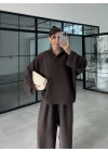 Era Oversize Çizgili Kahve Gömlek Takım