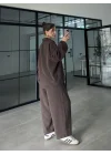 Era Oversize Çizgili Kahve Gömlek Takım