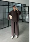 Era Oversize Çizgili Kahve Gömlek Takım