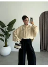 Fermuarlı Çift Cepli Tensel Krem Ceket