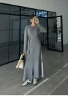 Gömlek Model Kuşaklı Gri Triko Elbise
