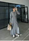 Gömlek Model Kuşaklı Gri Triko Elbise