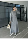Gömlek Model Kuşaklı Gri Triko Elbise