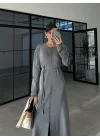 Gömlek Model Kuşaklı Gri Triko Elbise