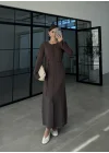 Gömlek Model Kuşaklı Kahve Triko Elbise
