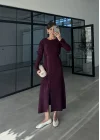 Gömlek Model Kuşaklı Mürdüm Triko Elbise