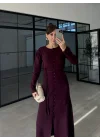 Gömlek Model Kuşaklı Mürdüm Triko Elbise