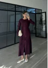 Gömlek Model Kuşaklı Mürdüm Triko Elbise