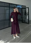 Gömlek Model Kuşaklı Mürdüm Triko Elbise