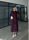 Gömlek Model Kuşaklı Mürdüm Triko Elbise