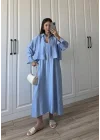 İthal Kumaş Premium Askılı Mavi Gömlek Elbise