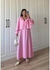 İthal Kumaş Premium Askılı Pembe Gömlek Elbise