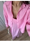 İthal Kumaş Premium Askılı Pembe Gömlek Elbise