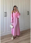 İthal Kumaş Premium Askılı Pembe Gömlek Elbise