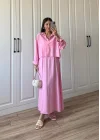 İthal Kumaş Premium Askılı Pembe Gömlek Elbise