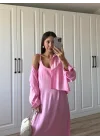 İthal Kumaş Premium Askılı Pembe Gömlek Elbise
