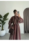Kahve Çizgili Kuşaklı Elbise