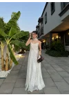 Kahve Puantiyeli Fularlı Beyaz Elbise