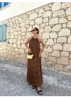 Kahve Tasarım Desenli Astarlı Elbise