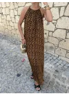 Kahve Tasarım Desenli Astarlı Elbise