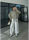Kareli Dik Yaka Haki Bomber Ceket