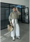 Kareli Dik Yaka Haki Bomber Ceket