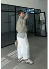 Kareli Dik Yaka Haki Bomber Ceket