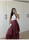 Katlı Boho Vual Kemerli Bordo Etek