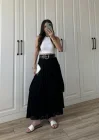Katlı Boho Vual Kemerli Siyah Etek