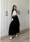 Katlı Boho Vual Kemerli Siyah Etek