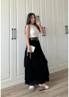 Katlı Boho Vual Kemerli Siyah Etek