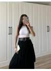 Katlı Boho Vual Kemerli Siyah Etek