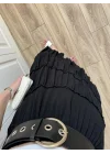 Katlı Boho Vual Kemerli Siyah Etek