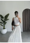 Kemerli Katlı Beyaz Prenses Etek