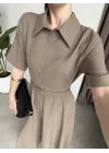 Kemerli Önü Fermuarlı Premium Haki Elbise