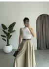 Kemerli Pileli Tensel Bej Pantolon