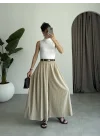 Kemerli Pileli Tensel Bej Pantolon