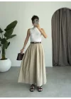 Kemerli Pileli Tensel Bej Pantolon