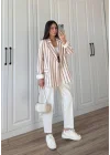Keten Astarlı Bordo Çizgili Blazer Ceket