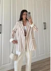 Keten Astarlı Bordo Çizgili Blazer Ceket