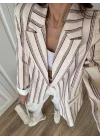 Keten Astarlı Bordo Çizgili Blazer Ceket