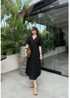 Keten V Yaka Basic Siyah Elbise