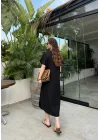 Keten V Yaka Basic Siyah Elbise