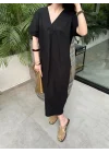 Keten V Yaka Basic Siyah Elbise
