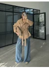 Kuşaklı Dik Yaka Bej Süet Trençkot