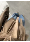 Kuşaklı Dik Yaka Bej Süet Trençkot