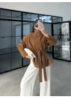 Kuşaklı Dik Yaka Camel Süet Trençkot