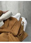 Kuşaklı Dik Yaka Camel Süet Trençkot