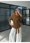 Kuşaklı Dik Yaka Camel Süet Trençkot