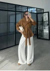 Kuşaklı Dik Yaka Camel Süet Trençkot